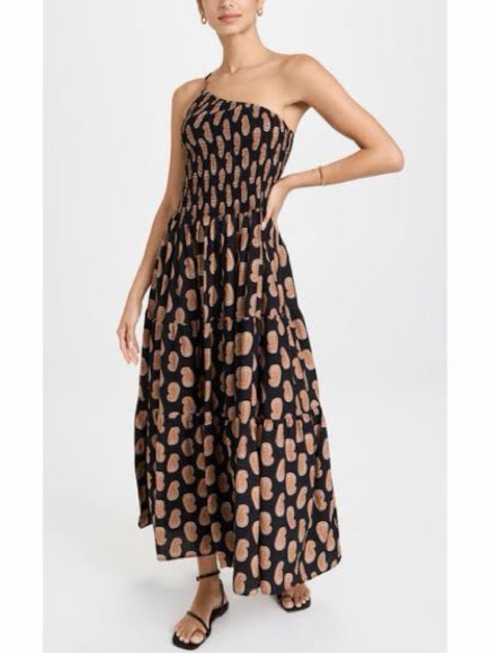 Moon River Black One-Shoulder Smocked Maxi Dress with Tan Print